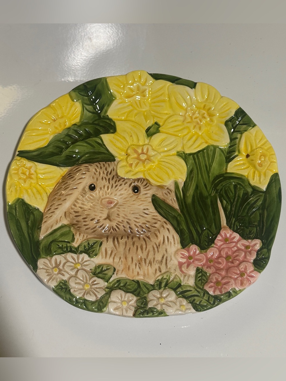 Cracker Barrel Ceramic Bunny Plate in Yellow, Green and Pink